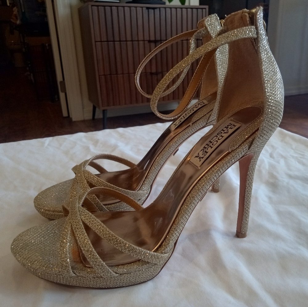 Badgley Mischka Glittery Gold Crisscross Ankle-Strap Heels - Picture 5 of 5